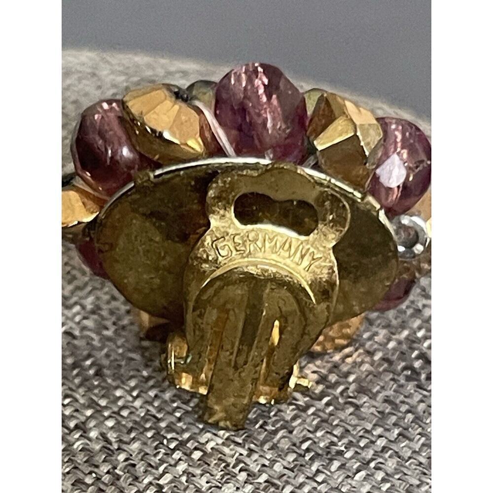 Vintage Germany Beaded Amethyst Colored Clip Brass Retro Cocktail Dress Earrings - Picture 5 of 6